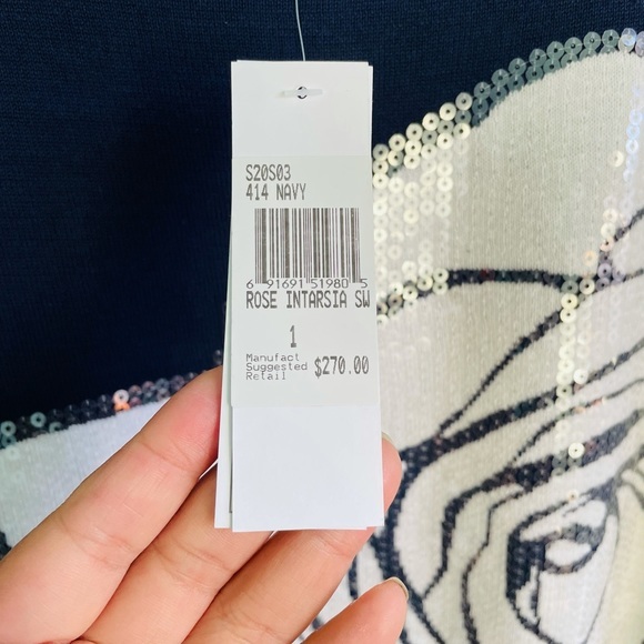 Joan Vass Rose Intarsia Striped-Sleeve Sweater Sequin NWT - Picture 7 of 8